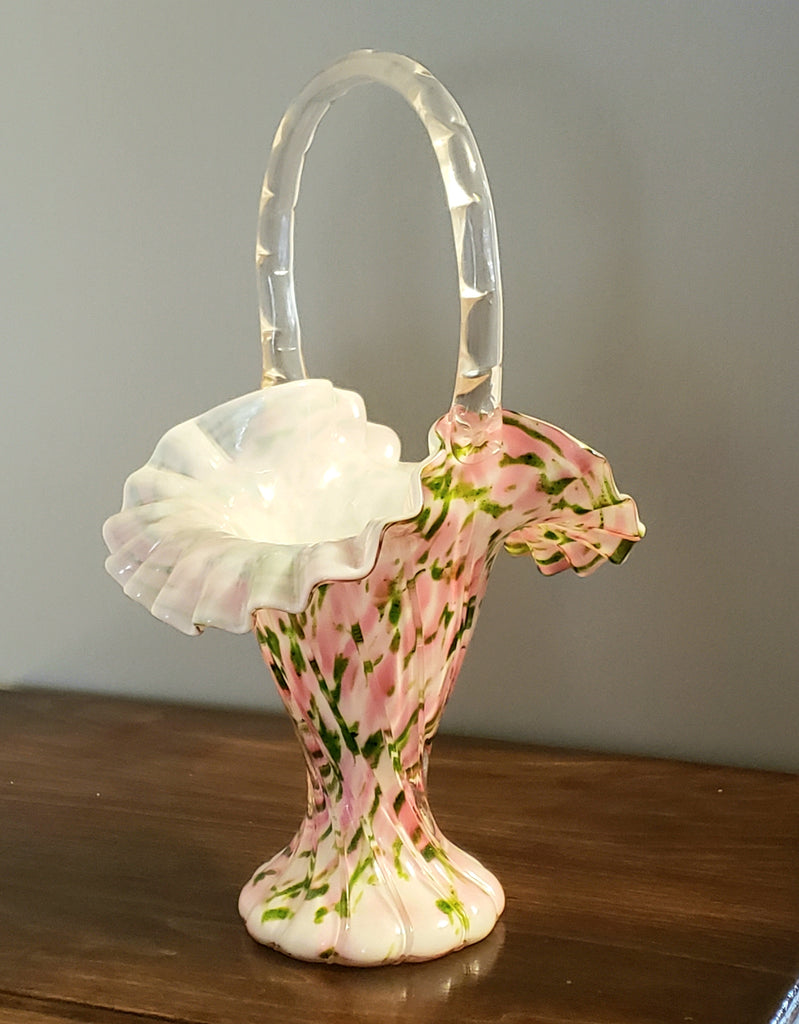 Fenton 11" Handled Basket Rose Aventurine Vasa Murrhin Art Glass ~ Mid Century