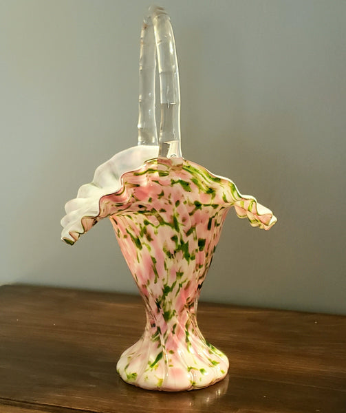 Fenton 11" Handled Basket Rose and Green Aventurine Vasa Murrhin Art Glass ~ Mid Century