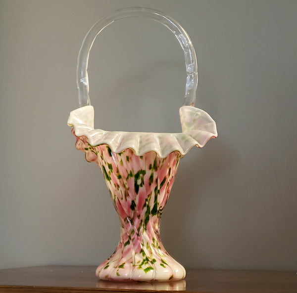 Fenton 11" Handled Basket Rose and Green Aventurine Vasa Murrhin Art Glass ~ Mid Century