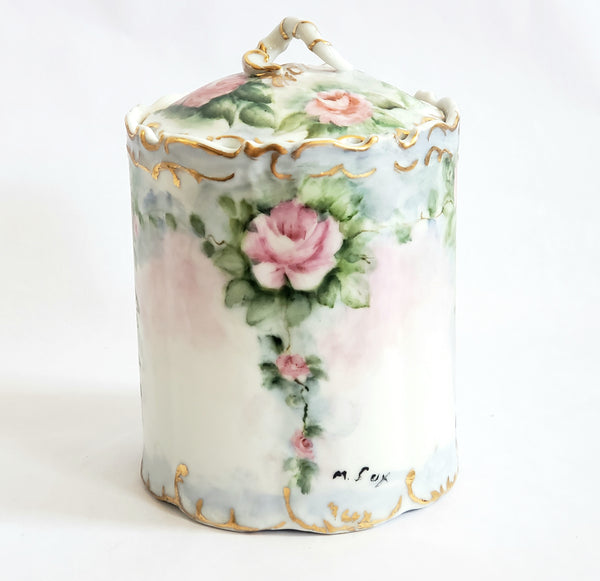 Porcelain Biscuit/Cracker Jar - Pink Roses w/ Green Foliage - Snake Like Body Finial