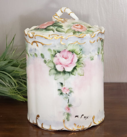 Porcelain Biscuit/Cracker Jar - Pink Roses w/ Green Foliage - Snake Like Body Finial