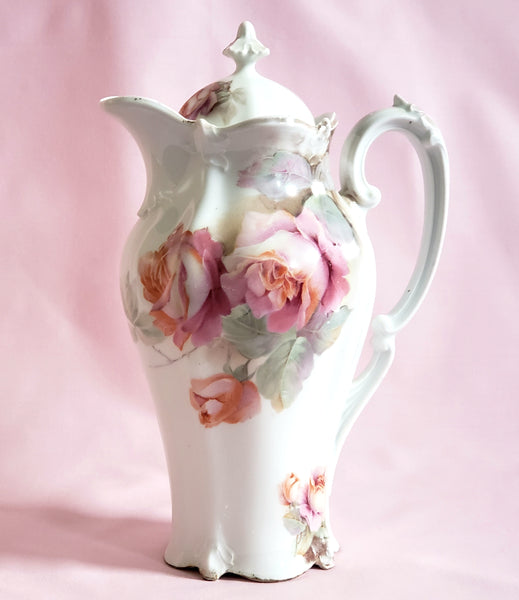 Early RS Prussia Chocolate Pot with Pink Roses - Red Mark