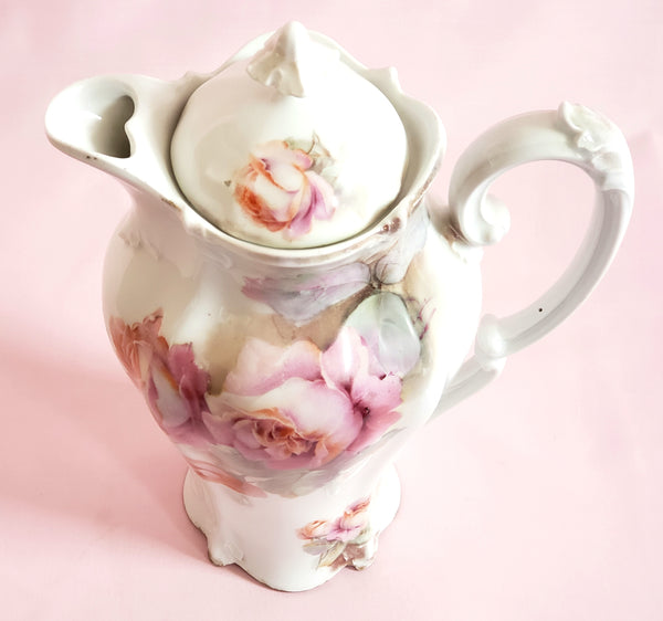 Early RS Prussia 10" Chocolate Pot With Pink Roses - Red Mark