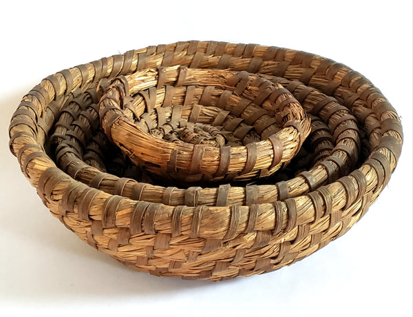 Pennsylvania Hand Coiled Rye Straw Open Baskets Bowls, Graduated Set of 3 - Rustic Country Decor