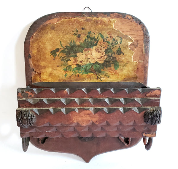 Tramp Art Hand Crafted-Carved Wooden Wall Box Comb Holder -  Depression Era