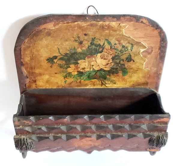 Tramp Art Hand Crafted-Carved Wooden Wall Box Comb Holder - Depression Era