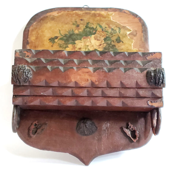 Tramp Art Hand Crafted-Carved Wooden Wall Box Comb Holder - Depression Era