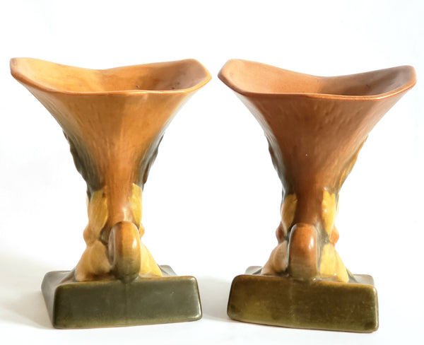 Vintage Roseville Pottery Cornucopia Vases Clematis Set of Two 190-6 Fall Decor