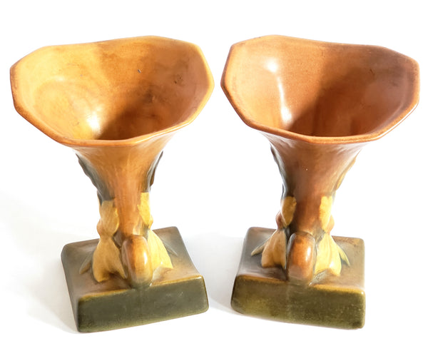 Vintage Roseville Pottery Cornucopia Vases Clematis Set of Two 190-6 Fall Decor