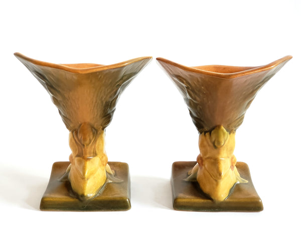 Vintage Roseville Pottery Cornucopia Vases Clematis Set of Two 190-6 Fall Decor