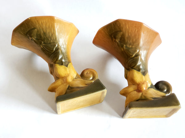 Vintage Roseville Pottery Cornucopia Vases Clematis Set of Two 190-6 Fall Decor