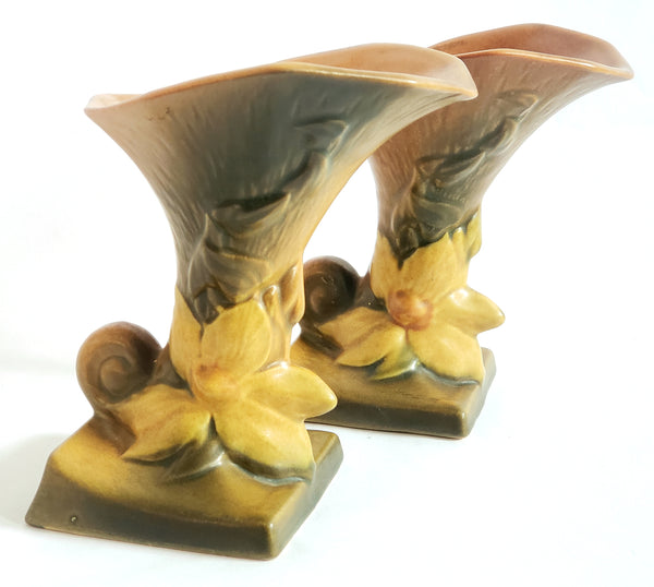 Vintage Roseville Pottery Cornucopia Vases Clematis Set of Two 190-6 Fall Decor