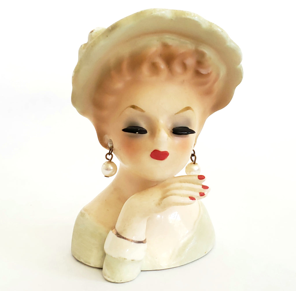 Inarco Miniature 3 1/2" Lady Head Vase Dress in Sage Green Original Label 1963