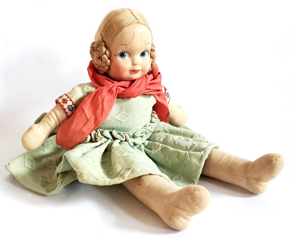 Vintage Cloth Doll with Mask Face Coiled Braided Hair 