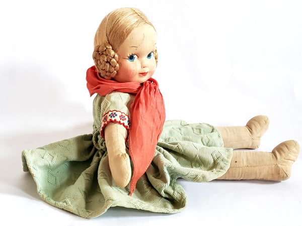 Vintage 13" Stuffed Cloth Doll with Mask Face and Coiled Braided Hair,