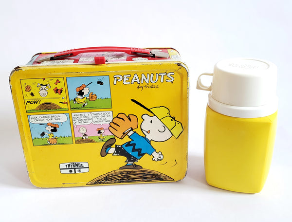 Charlie Brown Snoopy Peanuts Cartoon Metal Lunch Box and Yellow Plastic Thermos c. 1960's