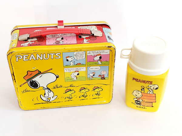 Charlie Brown Snoopy Peanuts Cartoon Metal Lunch Box and Yellow Plastic Thermos c. 1960's