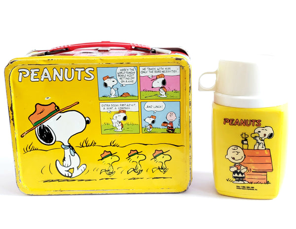 Charlie Brown Snoopy Peanuts Cartoon Metal Lunch Box and Yellow Plastic Thermos c. 1960's
