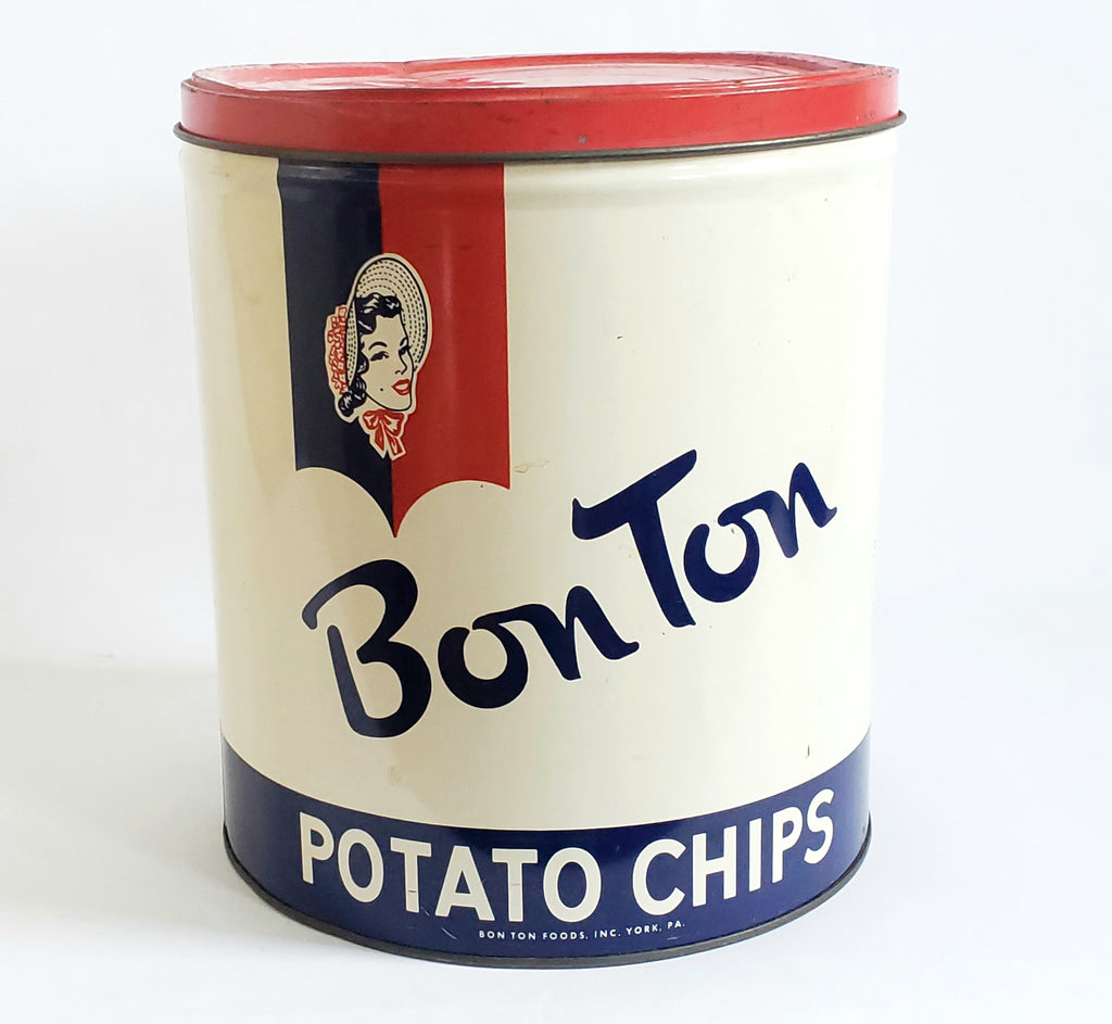 Bon Ton Potato Chip Can, York Pennsylvania Red, White, Blue Americana Advertising c. Mid Century