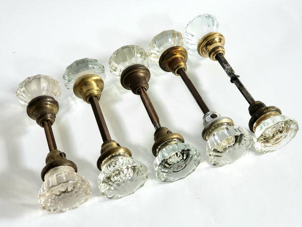 Antique Glass Doorknob Sets w/ Spindles, 12-pt - 5 Sets