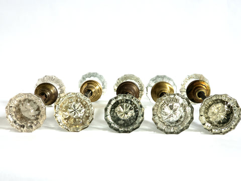 Antique Glass Doorknob Sets w/ Spindles, 12-pt - 5 Sets