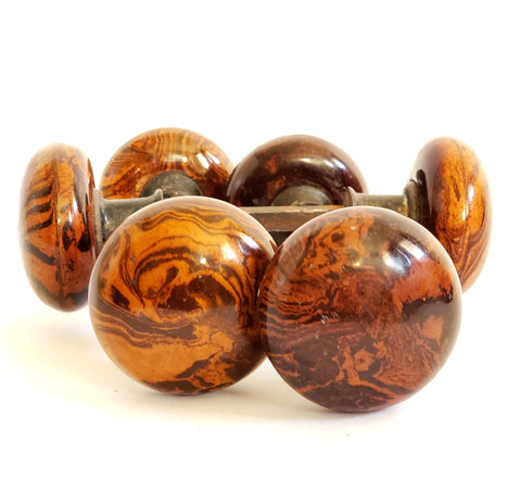 Antique Bennington Brown Swirl Mineral Porcelain Door Knobs, Set of 3 c. Late 1800's