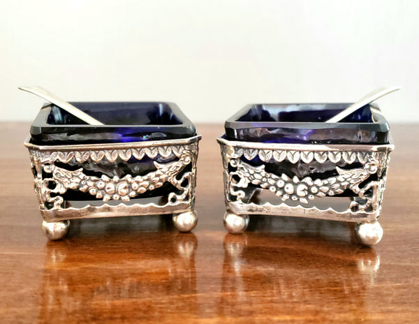 Antique Pierced Square British Silver Salt Cellars with Cobalt Blue Inserts, Set of 2 c. Early 1900's