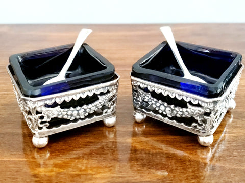 Antique Pierced Square British Silver Salt Cellars with Cobalt Blue Inserts, Set of 2 c. Early 1900's