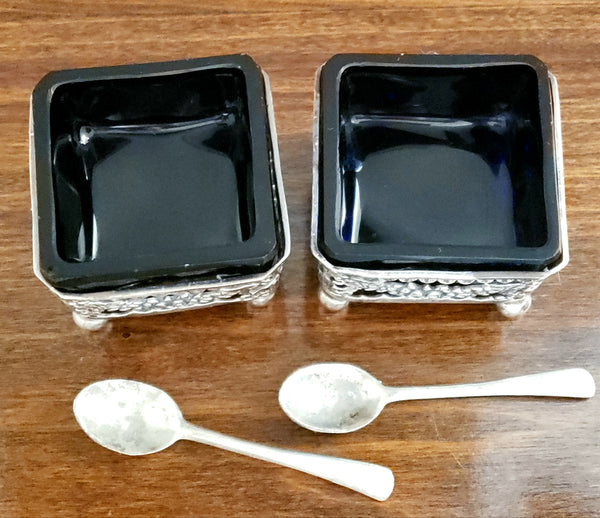 Antique Pierced Square British Silver Salt Cellars with Cobalt Blue Inserts, Set of 2 c. Early 1900's