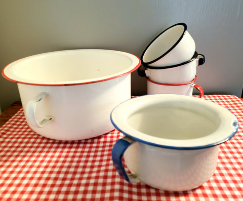 Vintage Enamelware Chamber Pots, Bowls, Cup Red & Blue Trim, Farmhouse Kitchen & Bath Decor c. 1930's 1940's