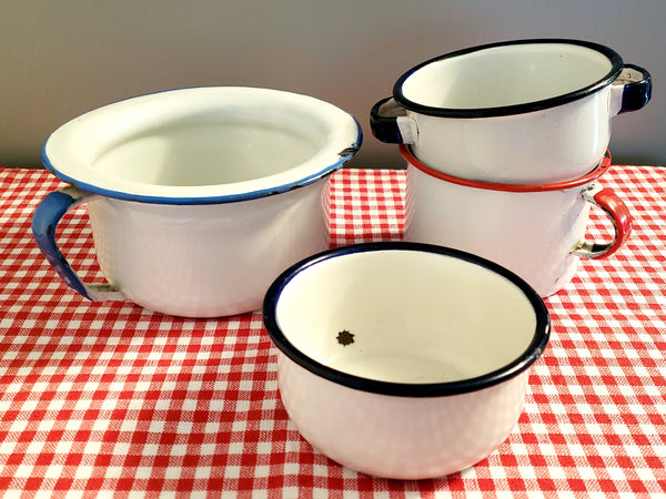 Vintage Enamelware Chamber Pots, Bowls, Cup Red & Blue Trim, Farmhouse Kitchen & Bath Decor