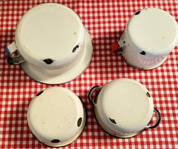 Vintage Enamelware Chamber Pots, Bowls, Cup Red & Blue Trim, Farmhouse Kitchen & Bath Decor