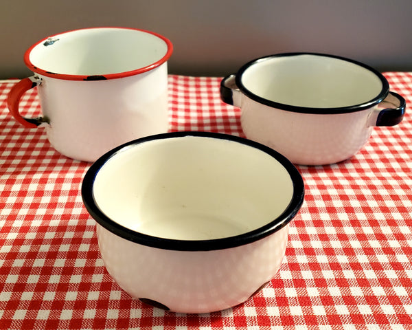 Vintage Enamelware Chamber Pots, Bowls, Cup Red & Blue Trim, Farmhouse Kitchen & Bath Decor