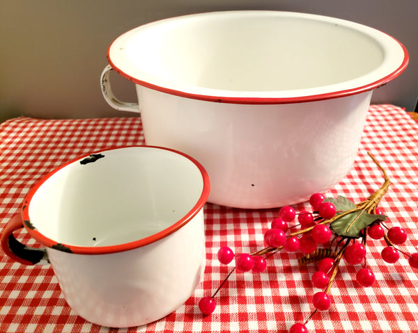 Vintage Enamelware Chamber Pots, Bowls, Cup Red & Blue Trim, Farmhouse Kitchen & Bath Decor