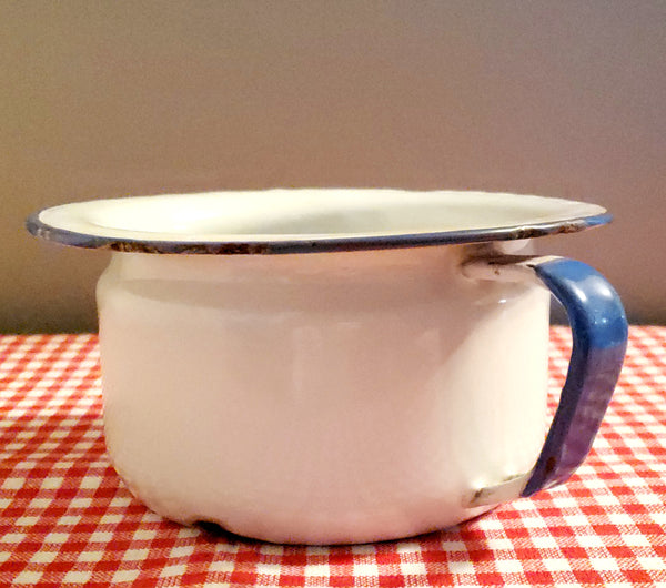 Vintage Enamelware Chamber Pots, Bowls, Cup Red & Blue Trim, Farmhouse Kitchen & Bath Decor