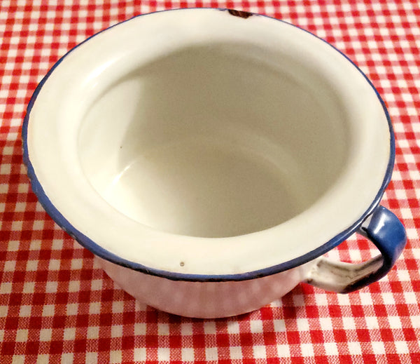Vintage Enamelware Chamber Pots, Bowls, Cup Red & Blue Trim, Farmhouse Kitchen & Bath Decor