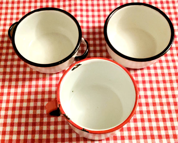 Vintage Enamelware Chamber Pots, Bowls, Cup Red & Blue Trim, Farmhouse Kitchen & Bath Decor