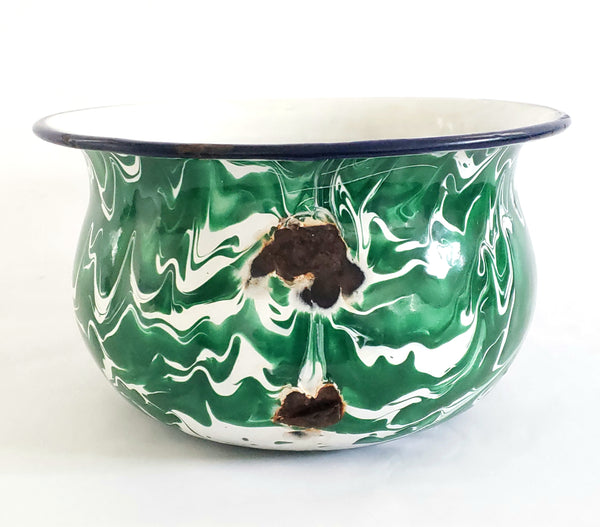 Antique Green and White Swirly Enamelware Chamber Pot, Missing Handle