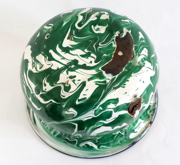 Antique Green and White Swirly Enamelware Chamber Pot, Missing Handle