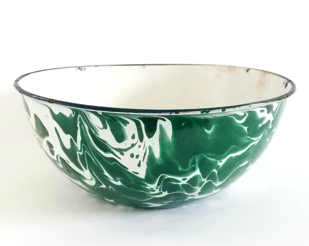 Antique Green and White Swirl Enamelware Mixing Bowl