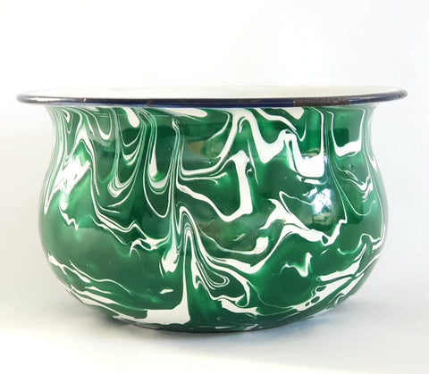 Antique Green and White Swirly Enamelware Chamber Pot, Missing Handle