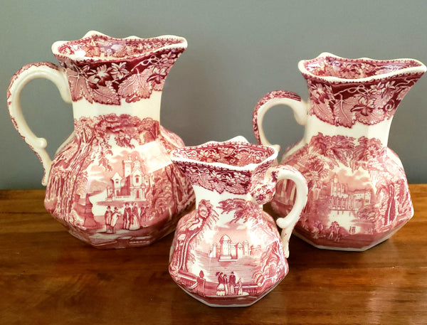 Masons English Ironstone Pink Transferware Jugs, VISTA, Set of 3, c. 1940's