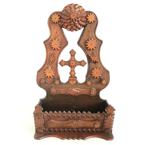 Wood Carved Tramp Art Wall Comb Box c. 1920 - 1940