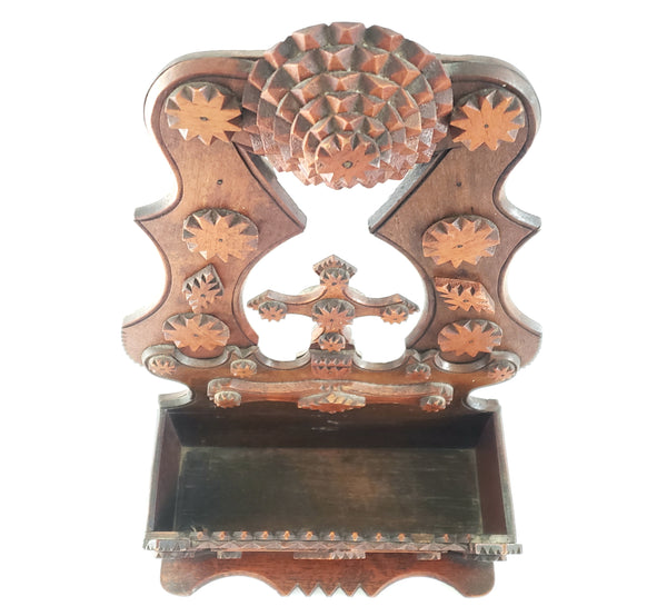 Wood Carved Tramp Art Wall Comb Box c. 1920 - 1940