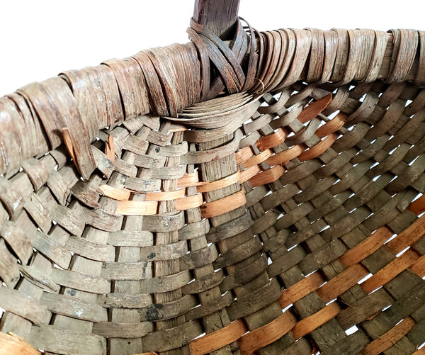 Antique Hand Woven Wood Splint Market Basket w/ Bentwood Handle