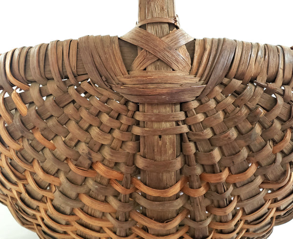 Antique Hand Woven Wood Splint Market Basket w/ Bentwood Handle