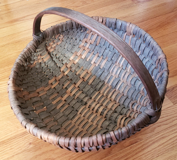 Antique Hand Woven Wood Splint Market Basket w/ Bentwood Handle