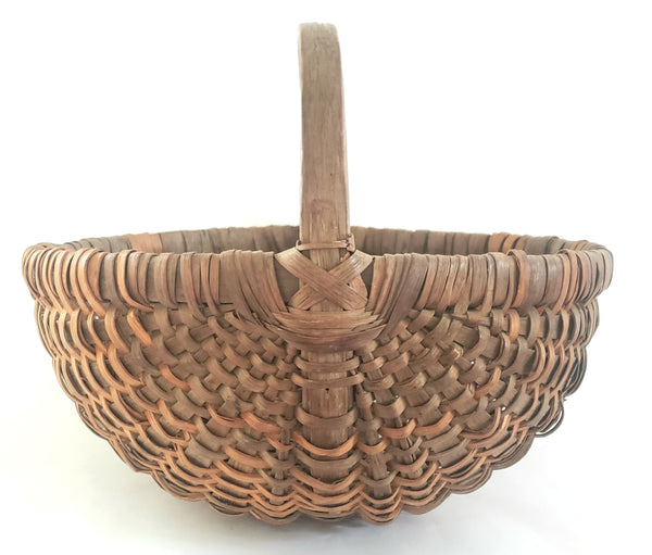 Antique Hand Woven Wood Splint Market Basket w/ Bentwood Handle