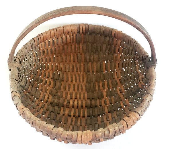 Antique Hand Woven Wood Splint Market Basket w/ Bentwood Handle