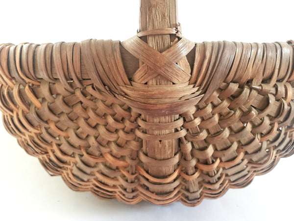 Antique Hand Woven Wood Splint Market Basket w/ Bentwood Handle